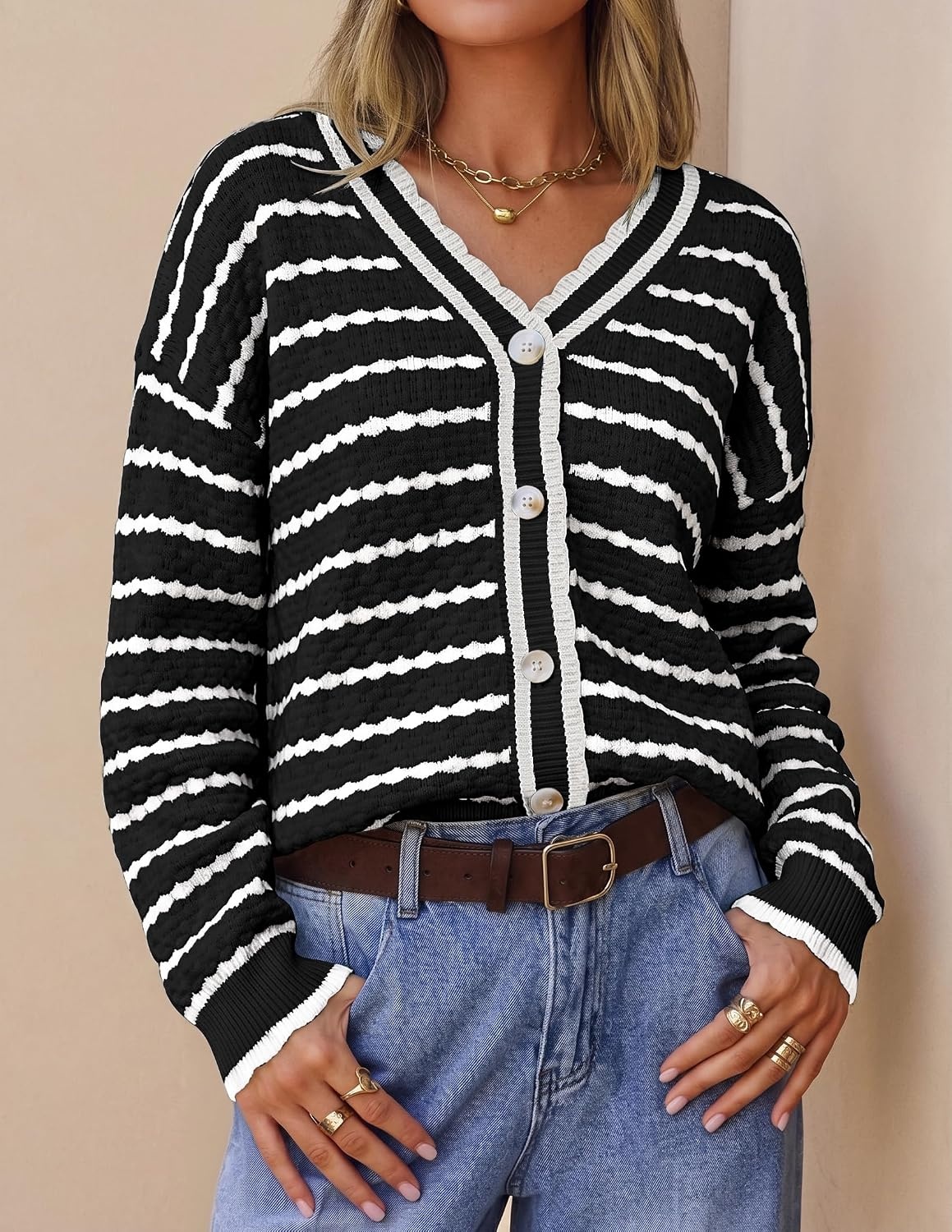 image:imageZESICA Womens Striped Button Up Cardigan Sweaters V Neck Trendy Knit TopsDark Black