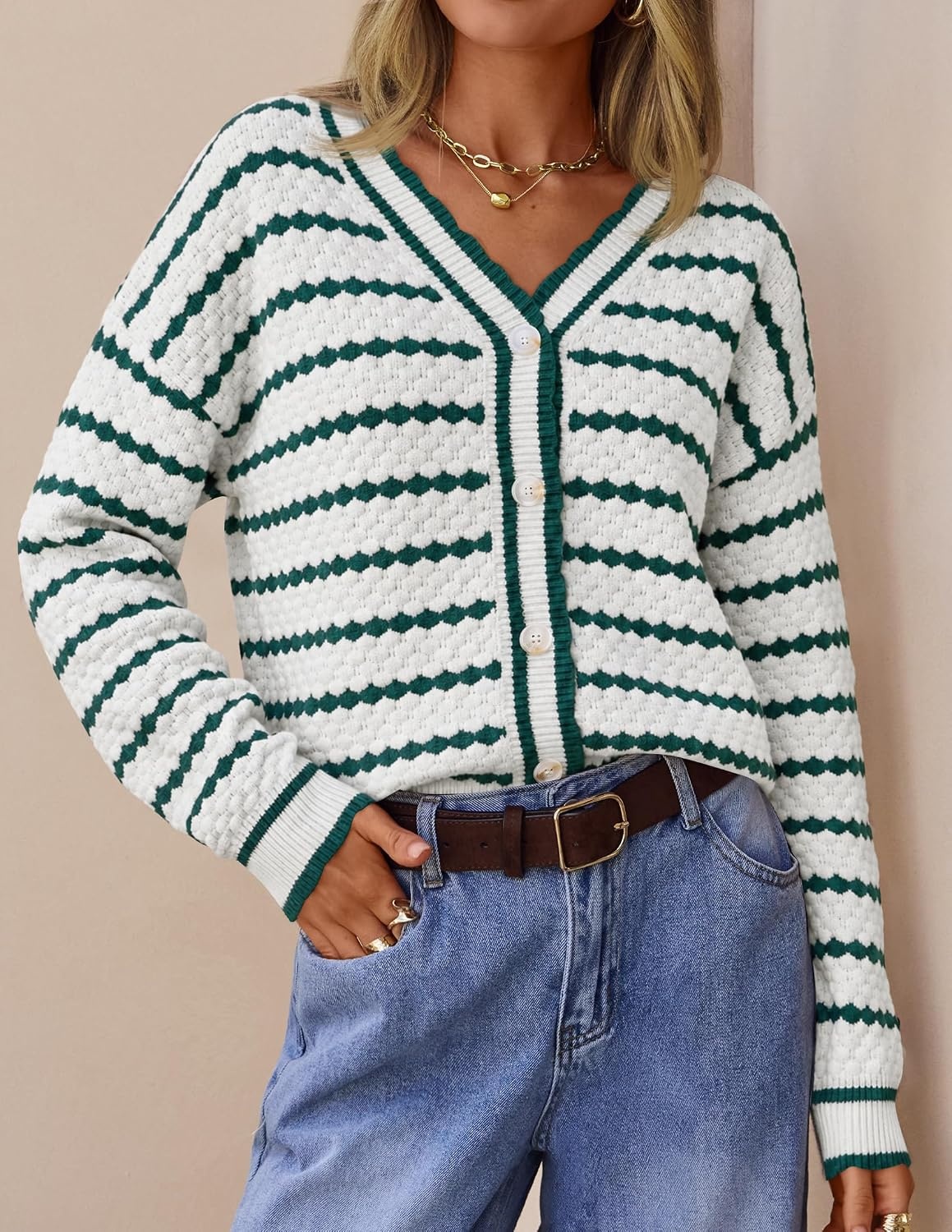 image:imageZESICA Womens Striped Button Up Cardigan Sweaters V Neck Trendy Knit TopsGreen