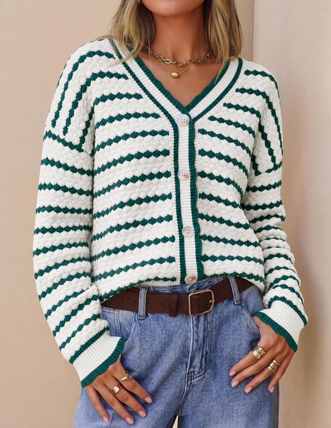 image:imageZESICA Womens Striped Button Up Cardigan Sweaters V Neck Trendy Knit TopsGreen