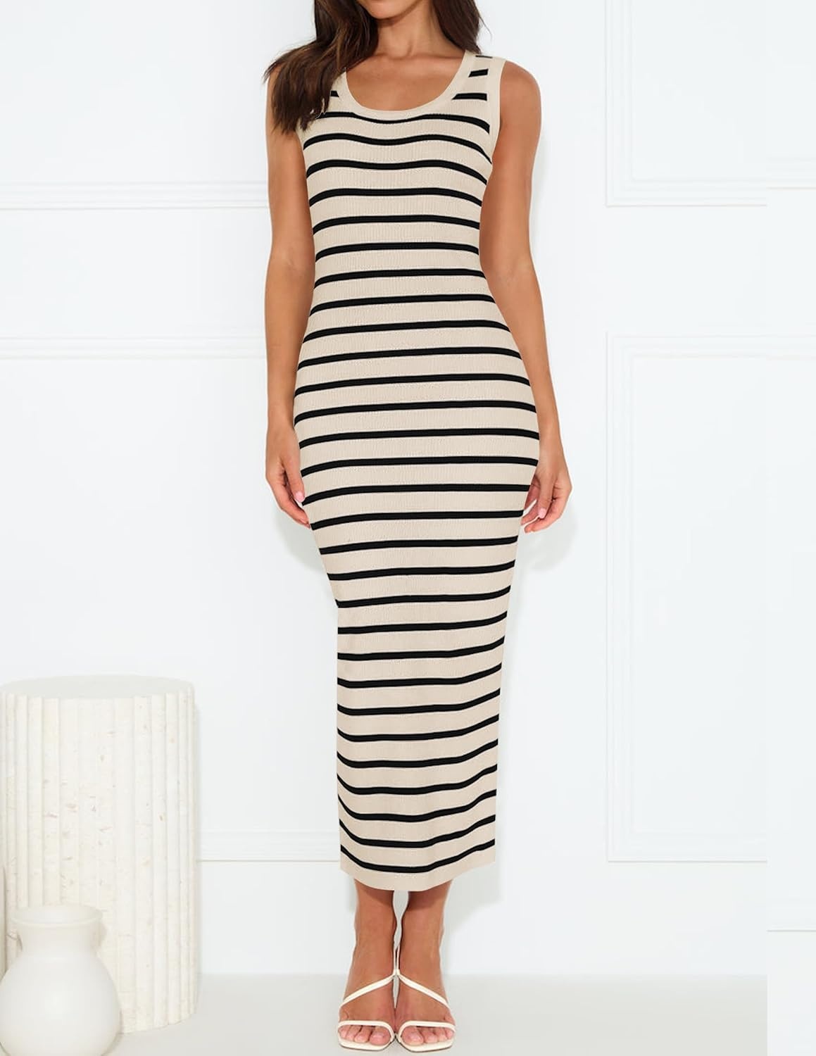 image:imageZESICA Womens Summer Sleeveless Ribbed Knit Bodycon Midi DressesApricot