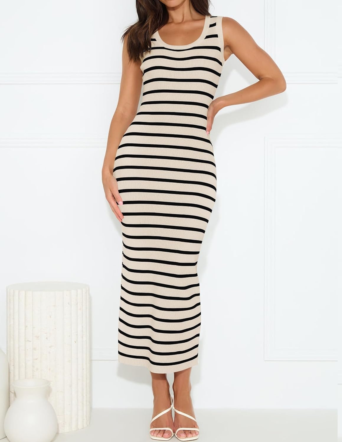 image:imageZESICA Womens Summer Sleeveless Ribbed Knit Bodycon Midi DressesApricot