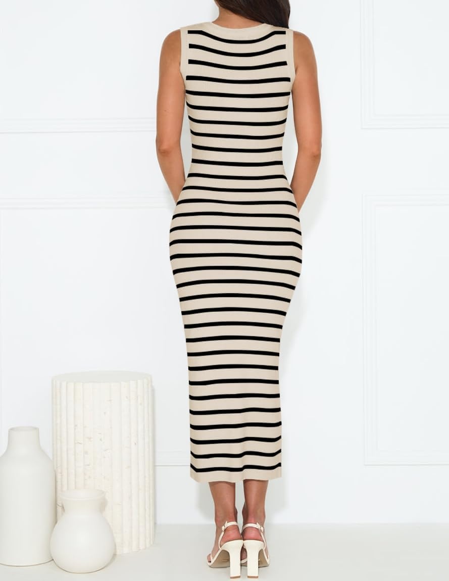 image:imageZESICA Womens Summer Sleeveless Ribbed Knit Bodycon Midi DressesApricot