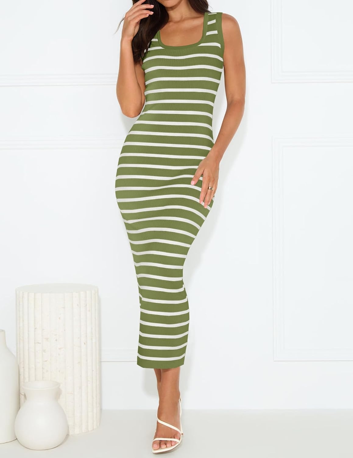 image:imageZESICA Womens Summer Sleeveless Ribbed Knit Bodycon Midi DressesOlivegreen