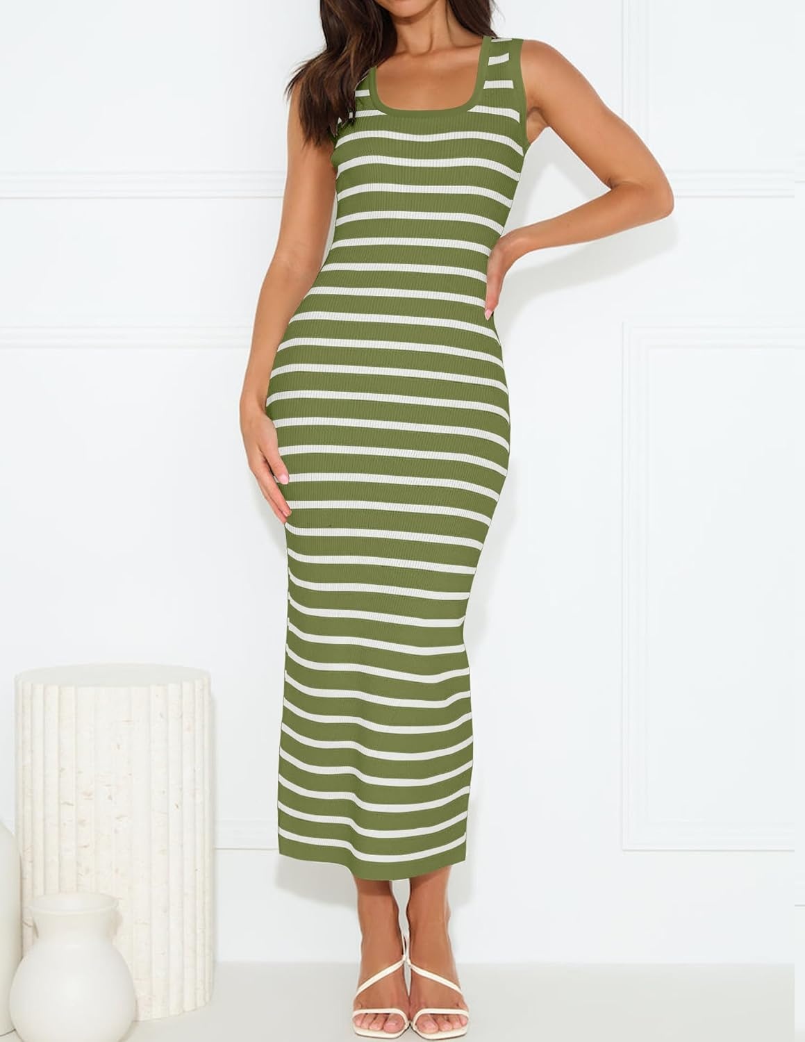 image:imageZESICA Womens Summer Sleeveless Ribbed Knit Bodycon Midi DressesOlivegreen