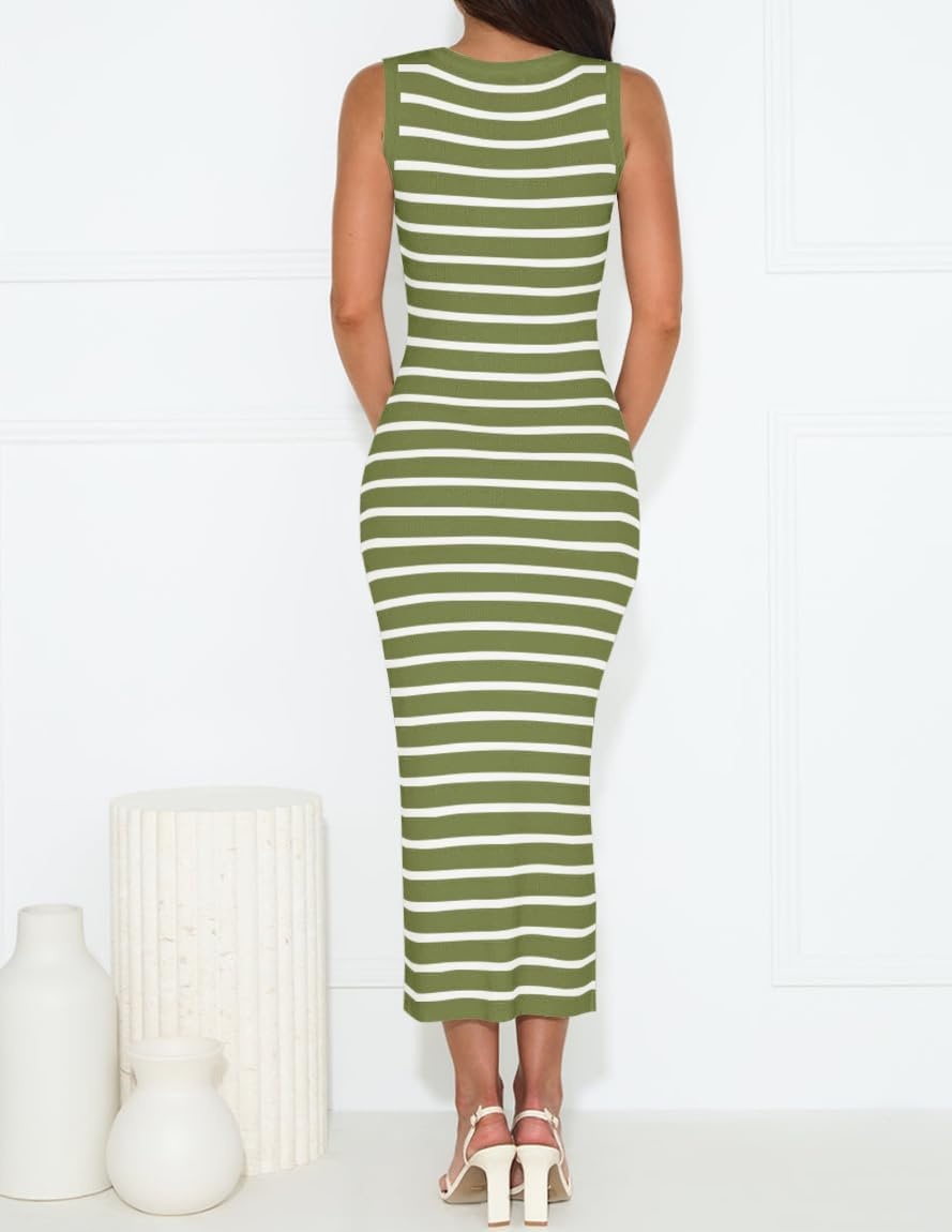 image:imageZESICA Womens Summer Sleeveless Ribbed Knit Bodycon Midi DressesOlivegreen