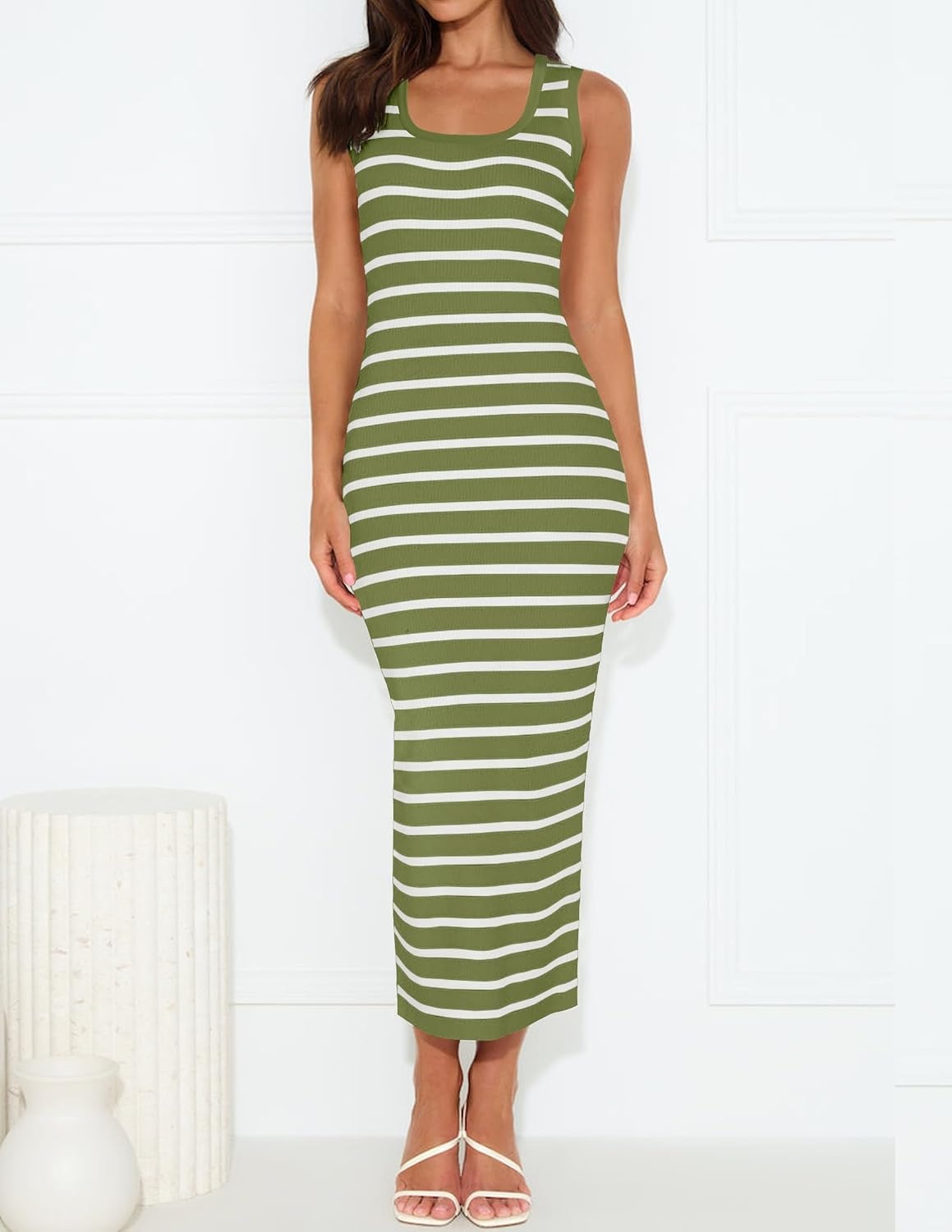 image:imageZESICA Womens Summer Sleeveless Ribbed Knit Bodycon Midi DressesOlivegreen