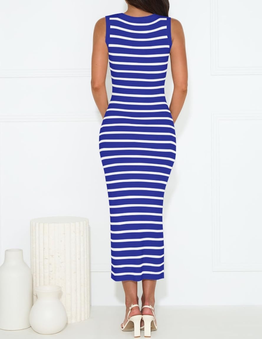 image:imageZESICA Womens Summer Sleeveless Ribbed Knit Bodycon Midi DressesRoyalblue