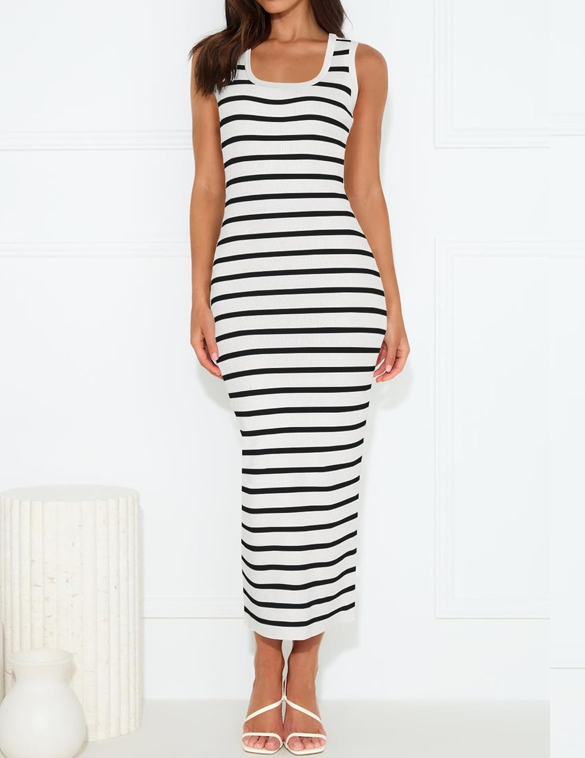 image:imageZESICA Womens Summer Sleeveless Ribbed Knit Bodycon Midi DressesWhite