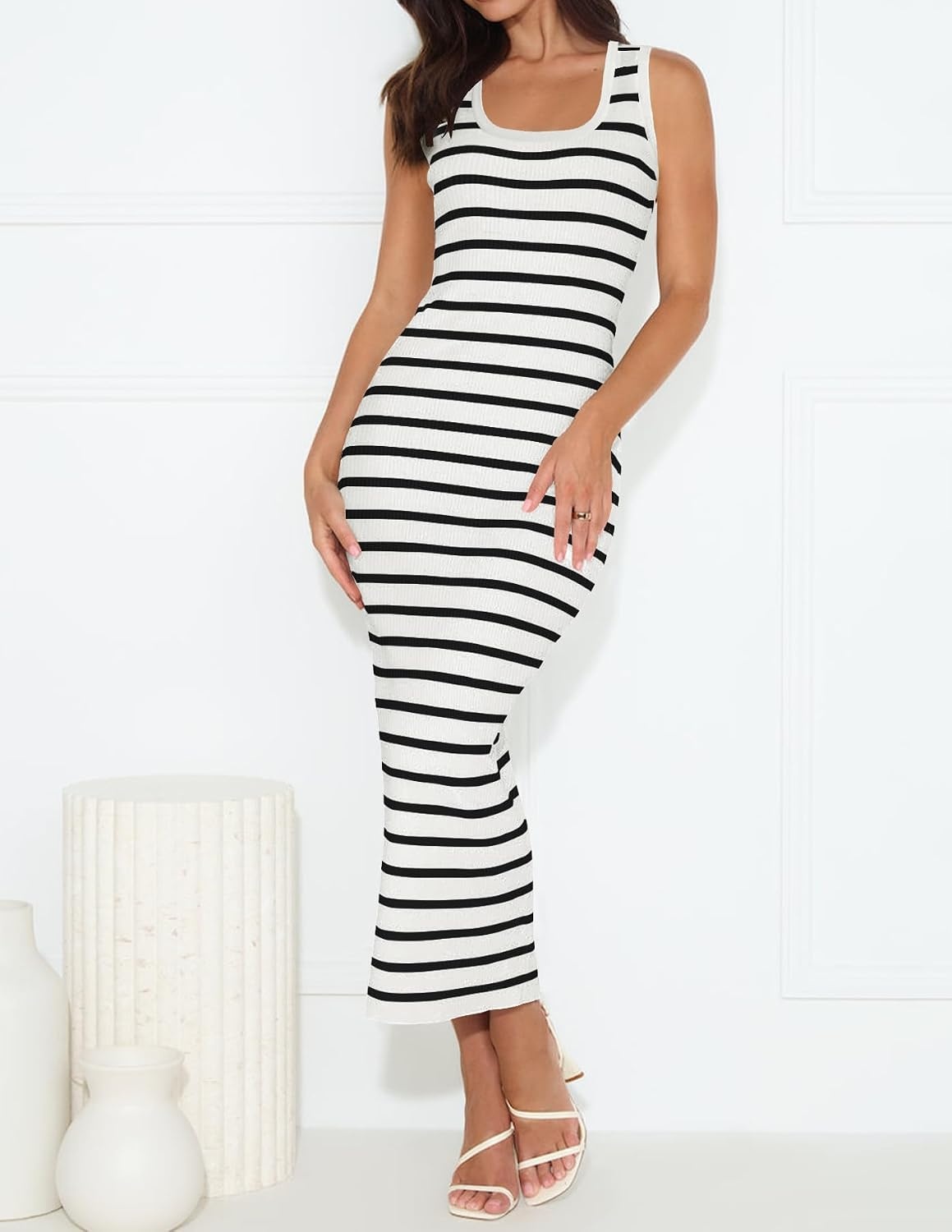 image:imageZESICA Womens Summer Sleeveless Ribbed Knit Bodycon Midi DressesWhite