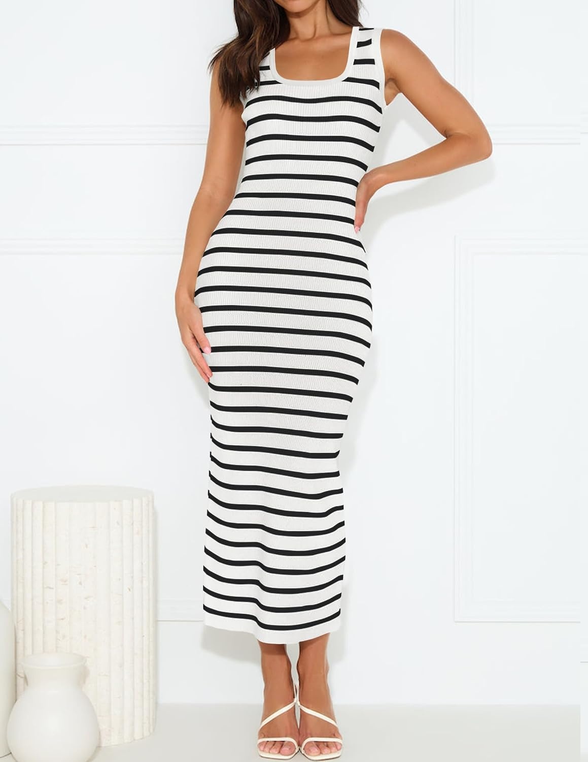 image:imageZESICA Womens Summer Sleeveless Ribbed Knit Bodycon Midi DressesWhite