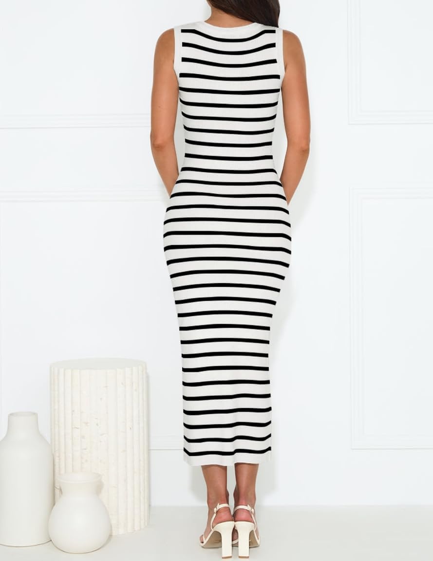 image:imageZESICA Womens Summer Sleeveless Ribbed Knit Bodycon Midi DressesWhite