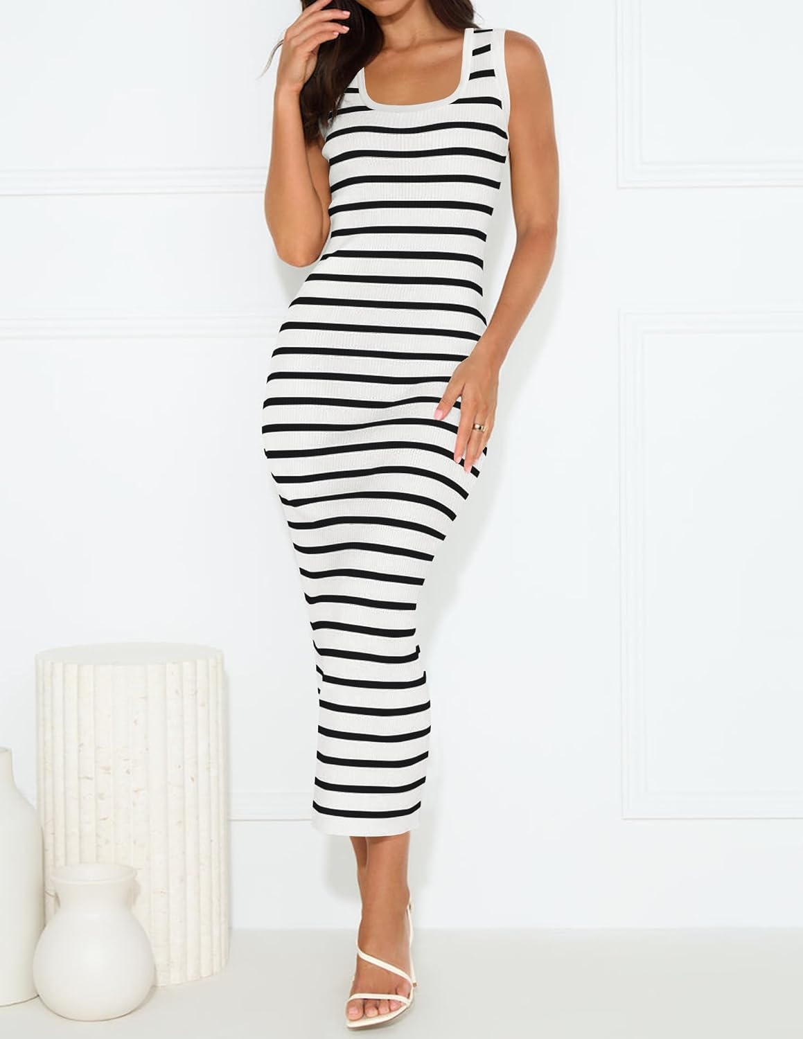 image:imageZESICA Womens Summer Sleeveless Ribbed Knit Bodycon Midi DressesWhite