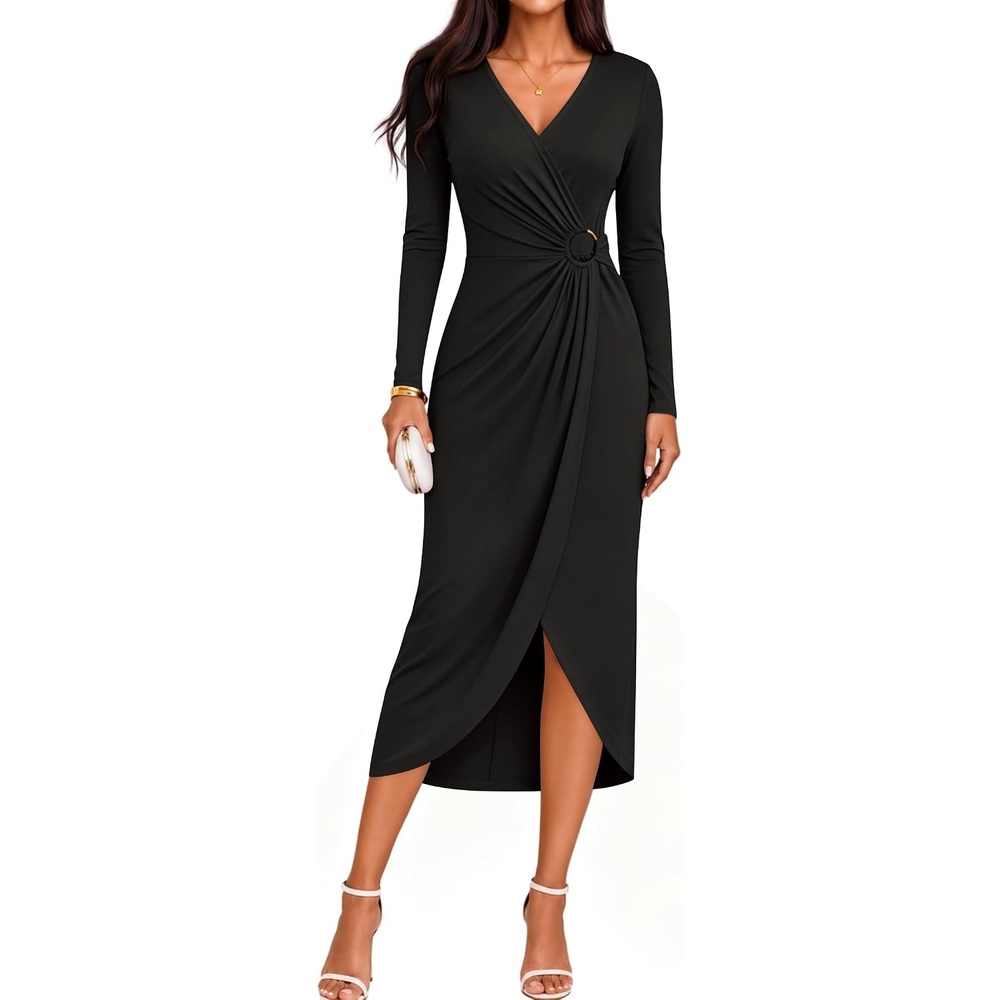 image:imageZESICA Womens Fall Long Sleeve Wrap Bodycon Cocktail Party DressesBlack
