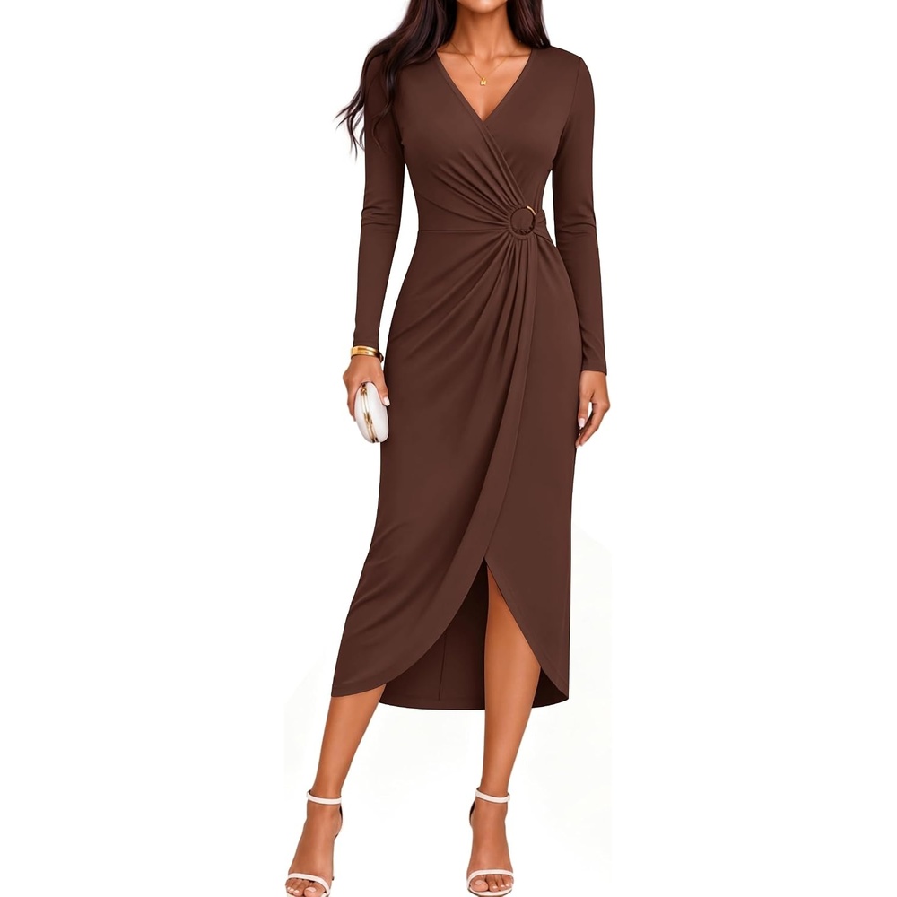 image:imageZESICA Womens Fall Long Sleeve Wrap Bodycon Cocktail Party DressesBrown
