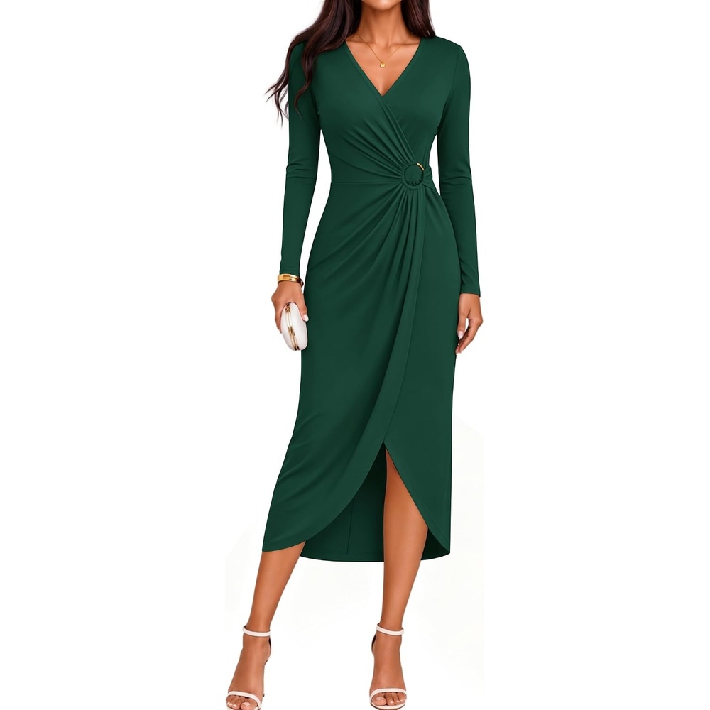image:imageZESICA Womens Fall Long Sleeve Wrap Bodycon Cocktail Party DressesDarkgreen
