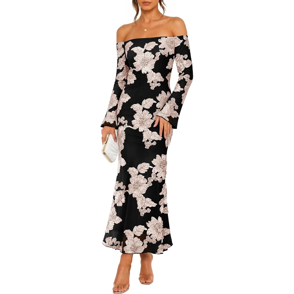 image:imageZESICA Womens Fall Off Shoulder Floral Wedding Guest Maxi DressesBlack