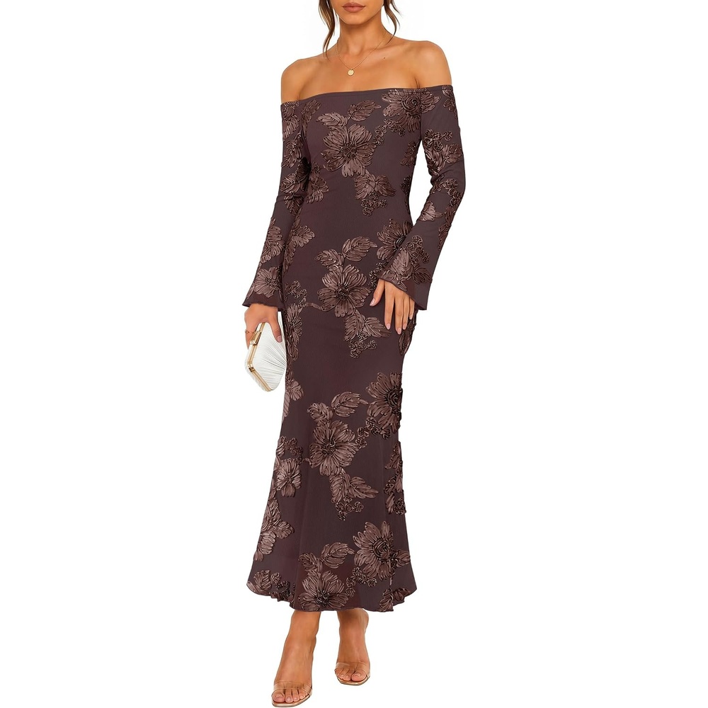 image:imageZESICA Womens Fall Off Shoulder Floral Wedding Guest Maxi DressesBrown