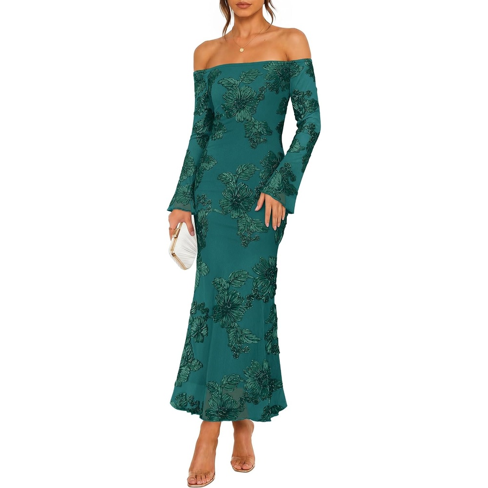 image:imageZESICA Womens Fall Off Shoulder Floral Wedding Guest Maxi DressesGreen