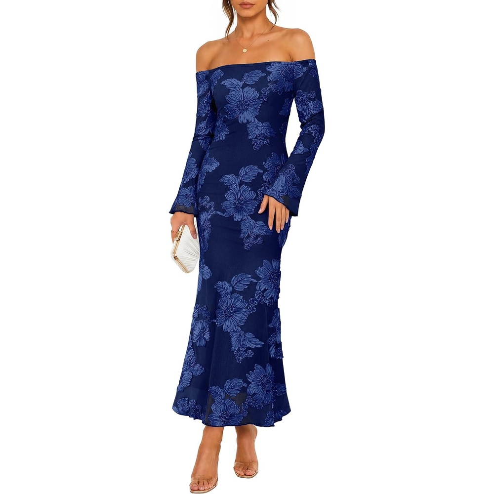 image:imageZESICA Womens Fall Off Shoulder Floral Wedding Guest Maxi DressesNavy