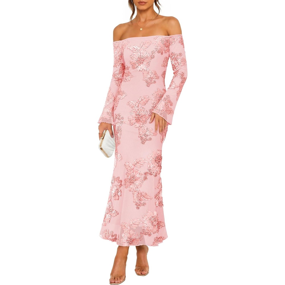 image:imageZESICA Womens Fall Off Shoulder Floral Wedding Guest Maxi DressesPink