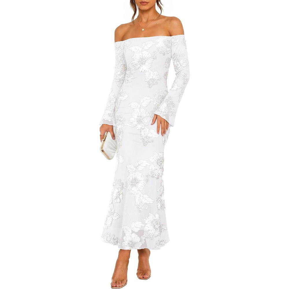 image:imageZESICA Womens Fall Off Shoulder Floral Wedding Guest Maxi DressesWhite