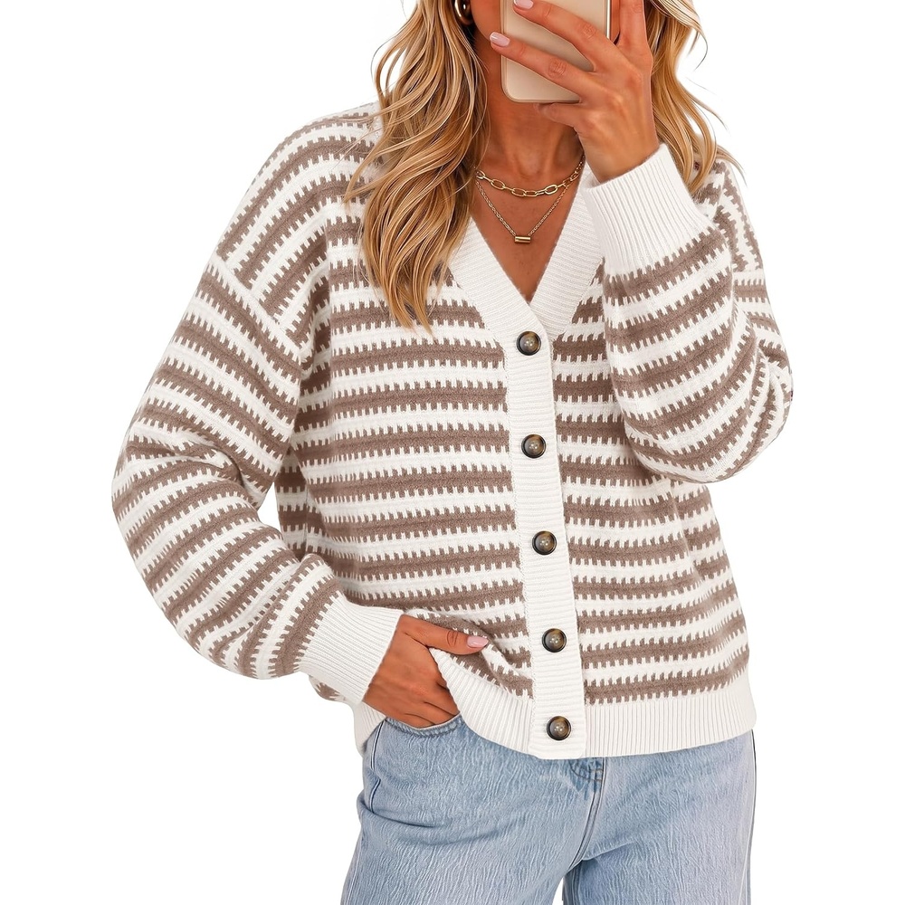 image:imageZESICA Womens Striped Button Up Cardigan Sweaters V Neck Trendy Knit TopsApricot