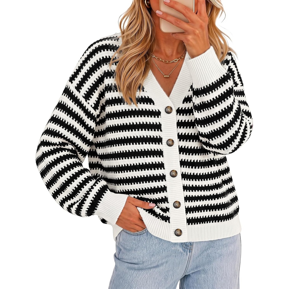image:imageZESICA Womens Striped Button Up Cardigan Sweaters V Neck Trendy Knit TopsBlack