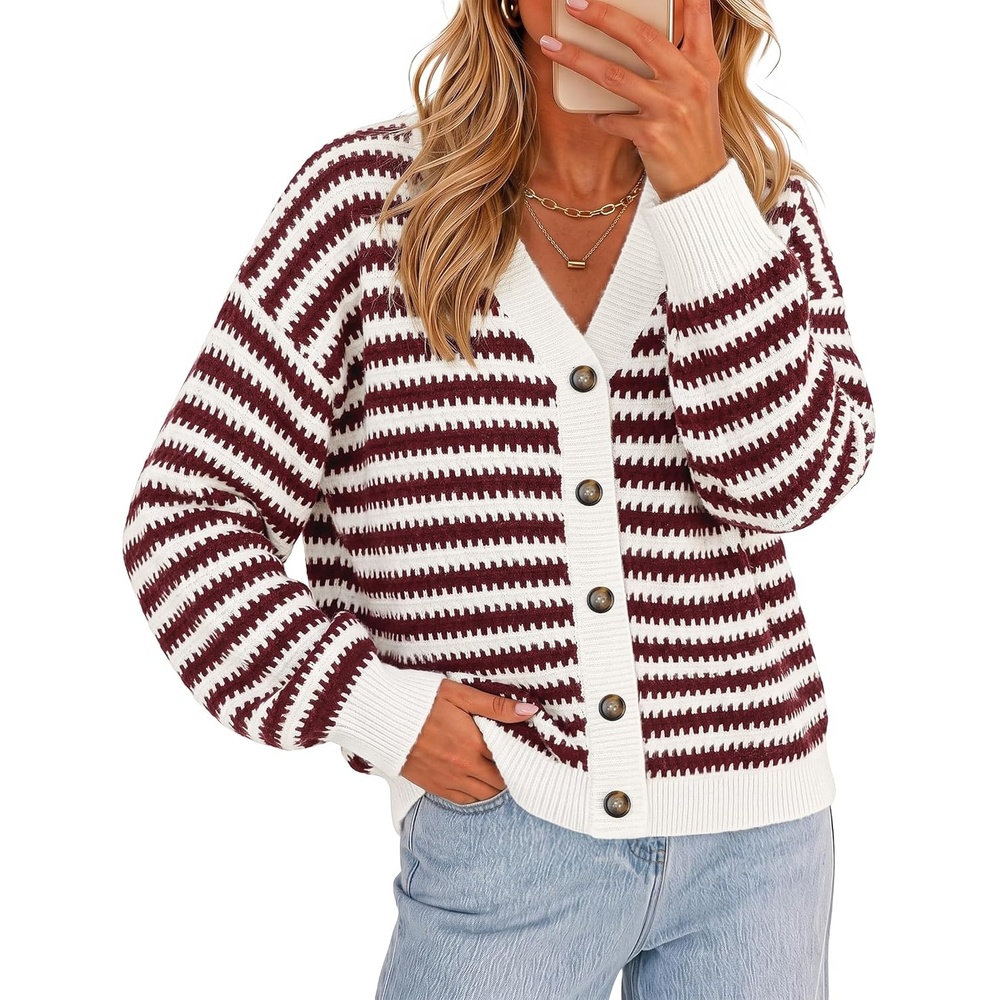 image:imageZESICA Womens Striped Button Up Cardigan Sweaters V Neck Trendy Knit TopsBurgundy