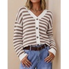 ZESICA Women’s Striped Button Up Cardigan Sweaters V Neck Trendy Knit Tops(Apricot)