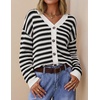 ZESICA Women’s Striped Button Up Cardigan Sweaters V Neck Trendy Knit Tops(Black)