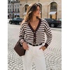 ZESICA Women’s Striped Button Up Cardigan Sweaters V Neck Trendy Knit Tops(Brown)