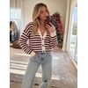 ZESICA Women’s Striped Button Up Cardigan Sweaters V Neck Trendy Knit Tops(Burgundy)
