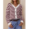 ZESICA Women’s Striped Button Up Cardigan Sweaters V Neck Trendy Knit Tops(Burgundy)