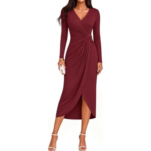 ZESICA Women’s Fall Long Sleeve Wrap Bodycon Cocktail Party Dresses(Burgundy)