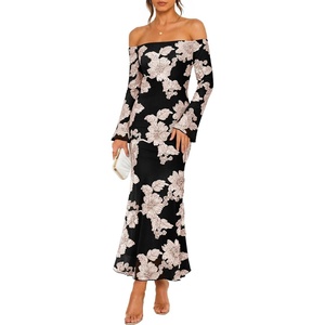 ZESICA Women’s Fall Off Shoulder Floral Wedding Guest Maxi Dresses(Black)