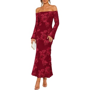 ZESICA Women’s Fall Off Shoulder Floral Wedding Guest Maxi Dresses(Red)