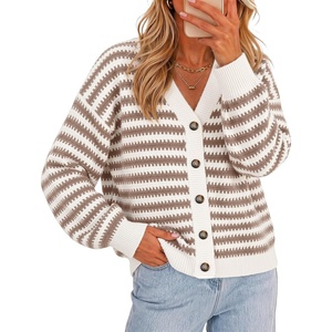 ZESICA Women’s Striped Button Up Cardigan Sweaters V Neck Trendy Knit Tops(Apricot)