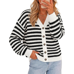 ZESICA Women’s Striped Button Up Cardigan Sweaters V Neck Trendy Knit Tops(Black)