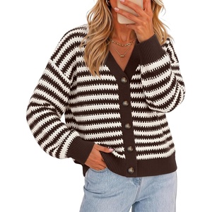 ZESICA Women’s Striped Button Up Cardigan Sweaters V Neck Trendy Knit Tops(Brown)