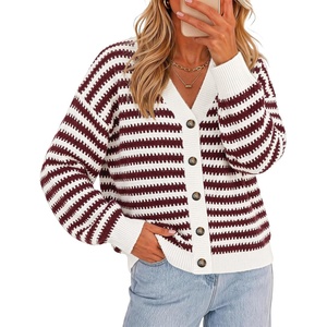 ZESICA Women’s Striped Button Up Cardigan Sweaters V Neck Trendy Knit Tops(Burgundy)