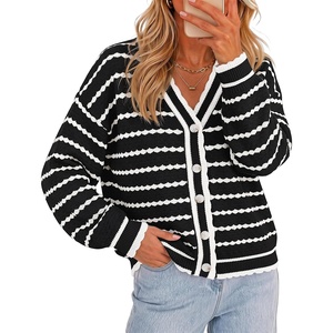 ZESICA Women’s Striped Button Up Cardigan Sweaters V Neck Trendy Knit Tops(Dark Black)