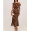 ZESICA Women’s Off Shoulder Floral Formal Cocktail Wedding Guest Long Dress(Brown)