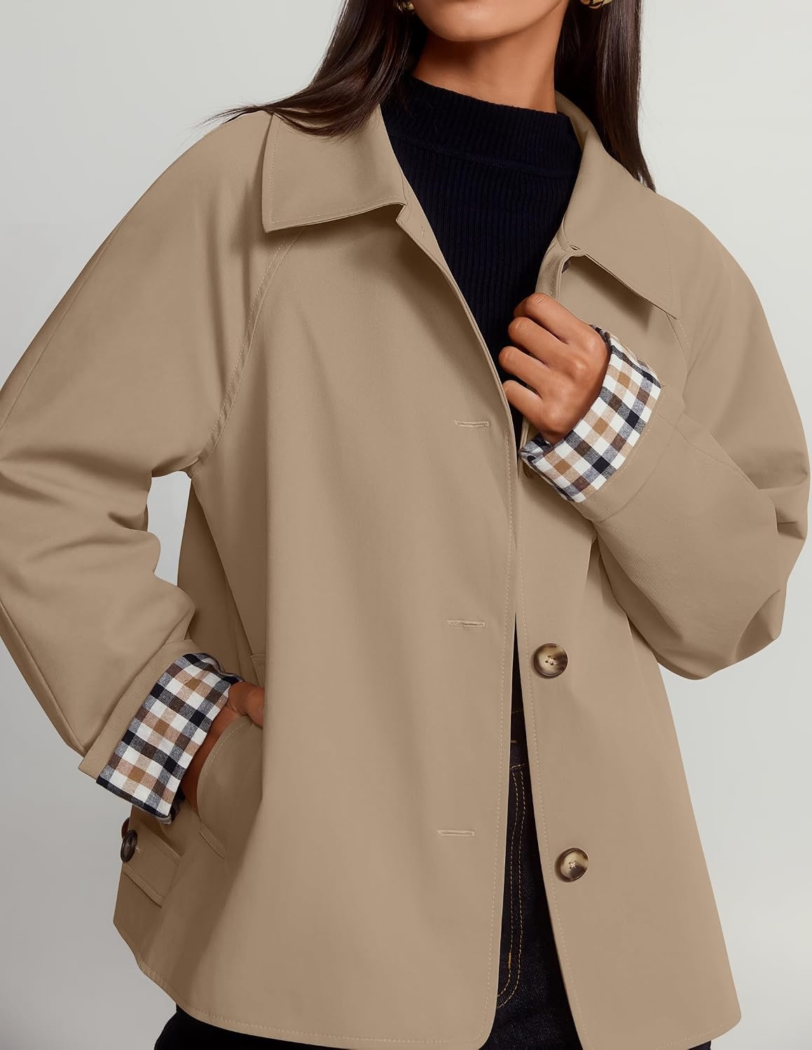 image:imageZESICA Womens Cropped Trench Coat Plaid Button Front Fall JacketKhaki