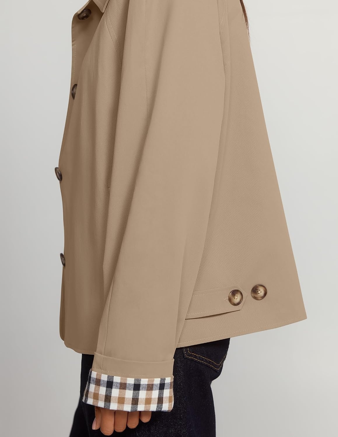 image:imageZESICA Womens Cropped Trench Coat Plaid Button Front Fall JacketKhaki