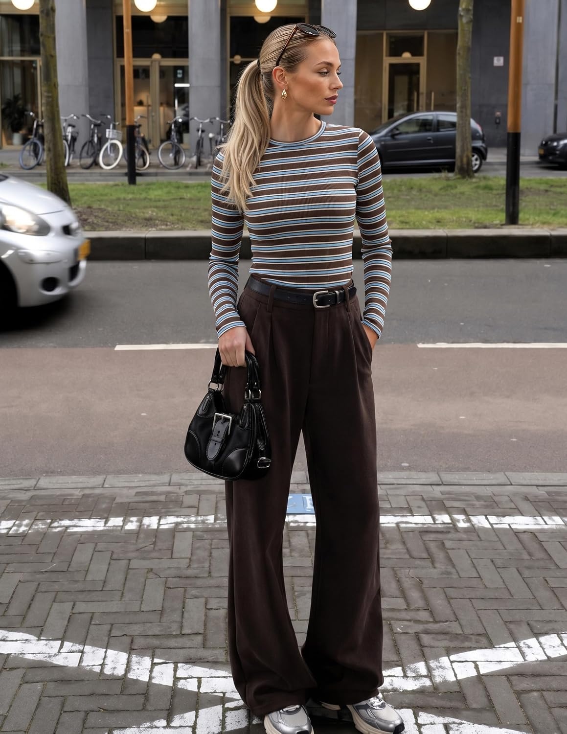 image:imageZESICA Womens Striped Fall Long Sleeve Cute Shirt Dressy Work Going Out TopBrown Blue