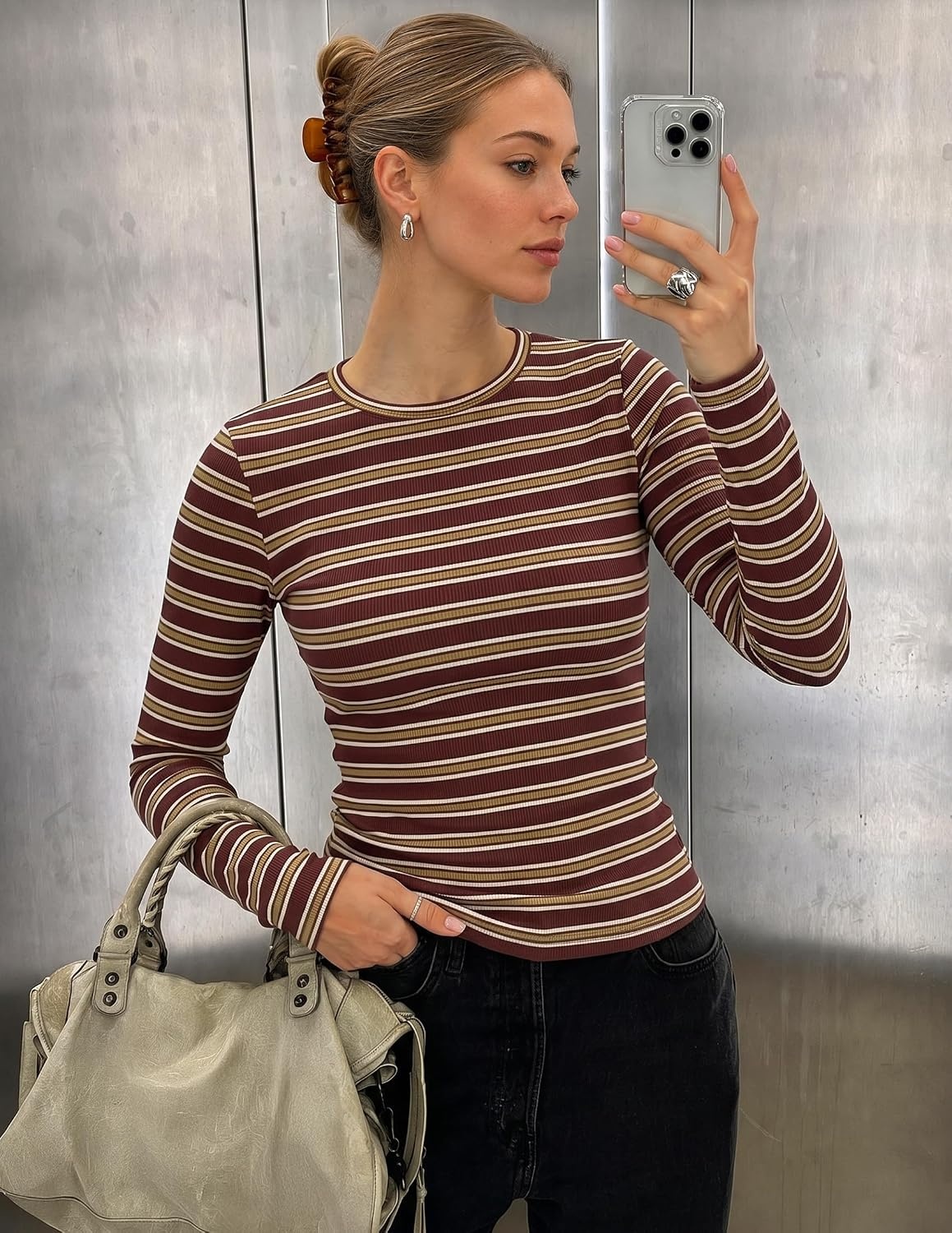 image:imageZESICA Womens Striped Fall Long Sleeve Cute Shirt Dressy Work Going Out TopBurgundy