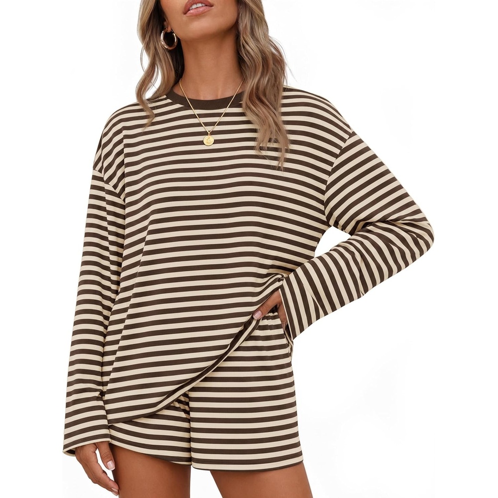 image:imageZESICA Womens 2 Piece Striped Short Sets Fall Lounge OutfitApricot