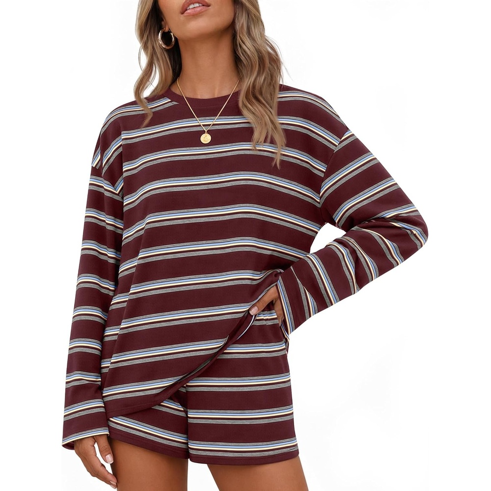 image:imageZESICA Womens 2 Piece Striped Short Sets Fall Lounge OutfitBurgundyred