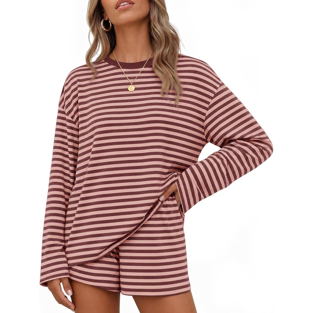 image:imageZESICA Womens 2 Piece Striped Short Sets Fall Lounge OutfitPink