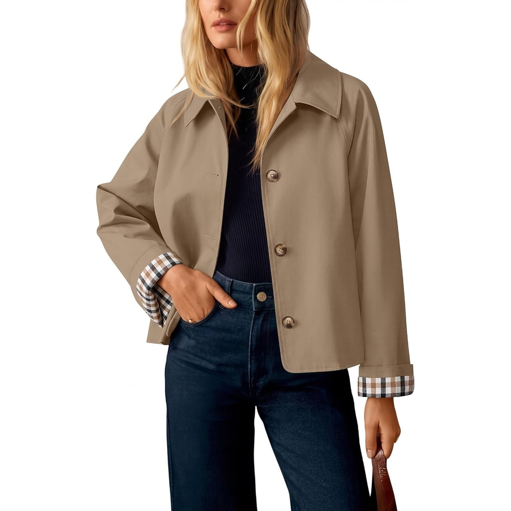 image:imageZESICA Womens Cropped Trench Coat Plaid Button Front Fall JacketKhaki